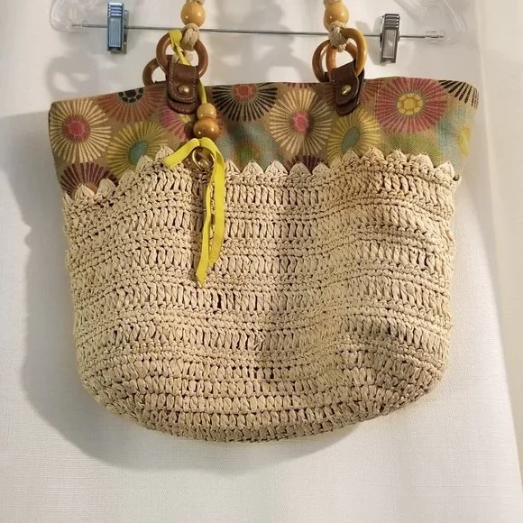 Cream Knit Canvas Floral Pattern Satchel Bag - Picture 3 of 12